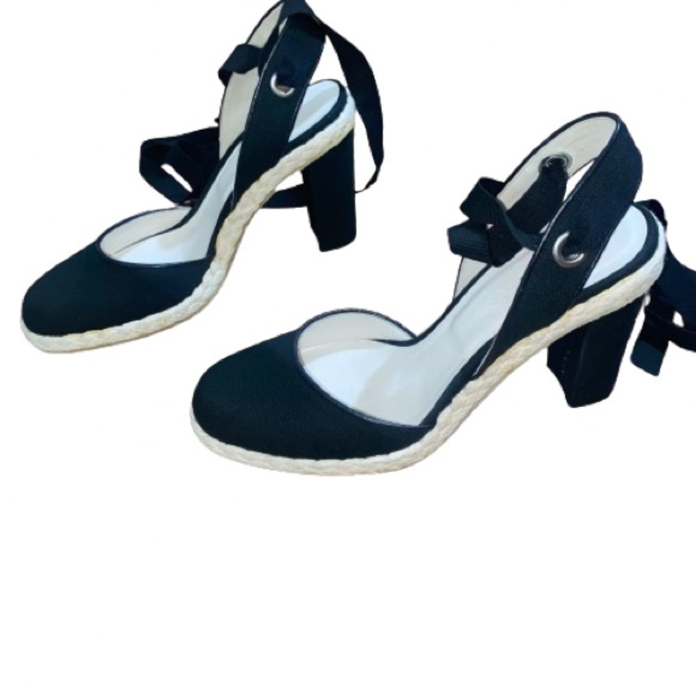 Marc Jacobs Black Linen High Heel Espadrilles with Ankle Wrap Size 6.5 Slingback